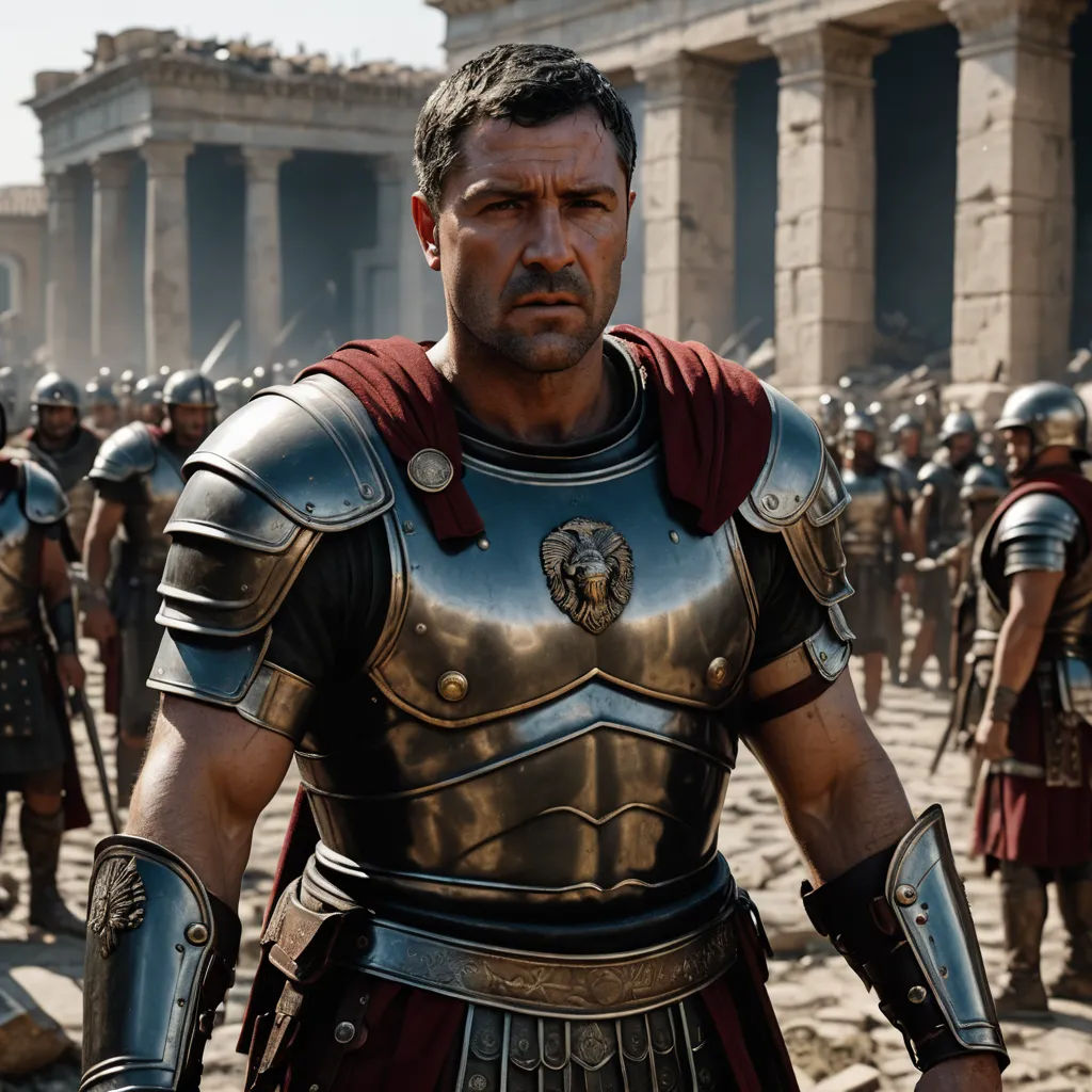 a man in a roman armor standing in front of a crowd of people in front of a building with columns, antipodeans, a detailed matte painting, Derek Hill, weta digital