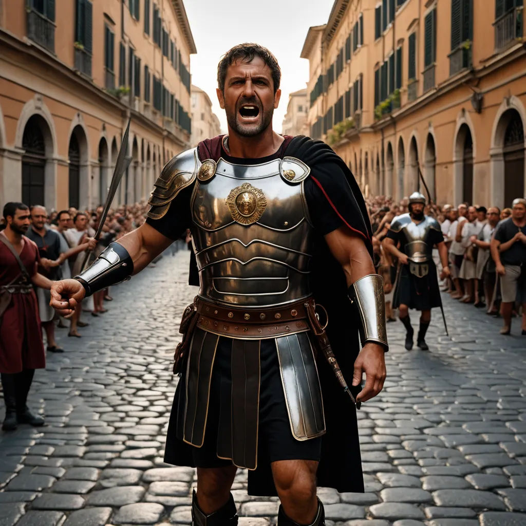 a man in a roman gladia costume is standing on a cobblestone street with a crowd of people behind him, antipodeans, a detailed matte painting, Coppo di Marcovaldo, vfx