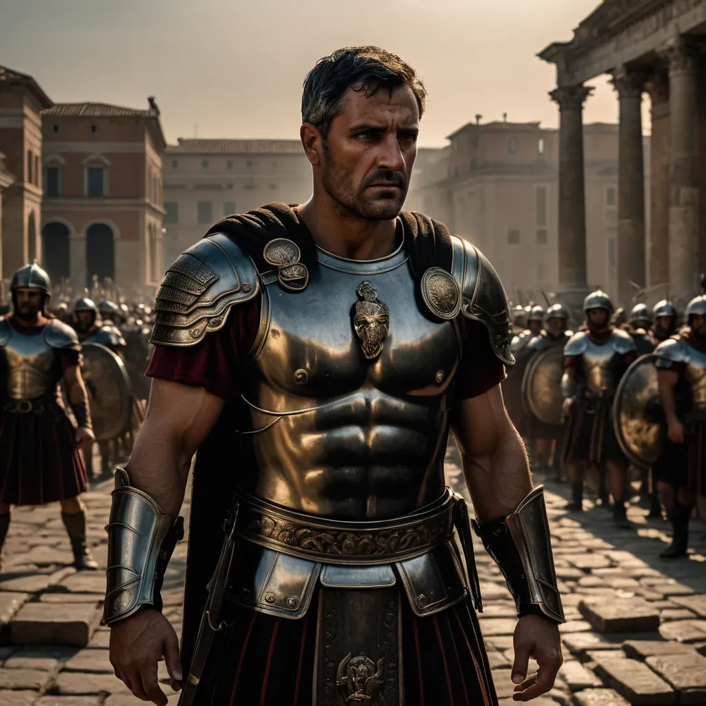 a man in a roman costume standing in front of a crowd of people in a city square with a column in the background, antipodeans, a detailed matte painting, Didier Mouron, movie still
