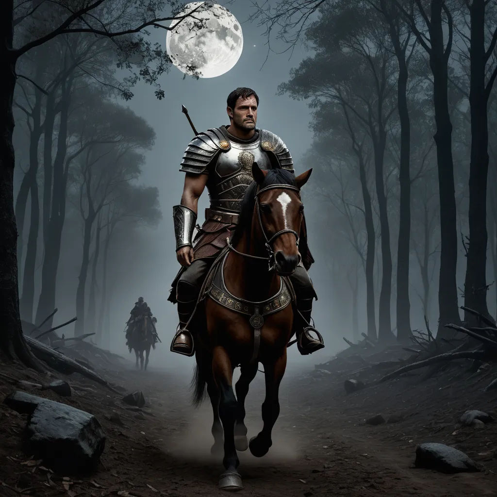 a man riding a horse in a forest under a full moon with a sword in his hand and a helmet on, fantasy art, a detailed matte painting, Dirk Crabeth, dark fantasy art