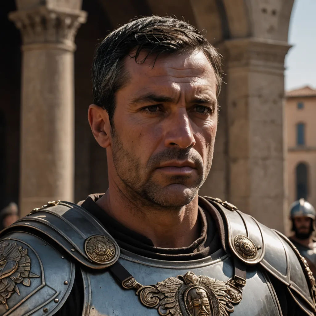 a man in a roman armor looks at the camera while people watch from the sidelines of a building, antipodeans, a character portrait, Andrea Mantegna, character portrait