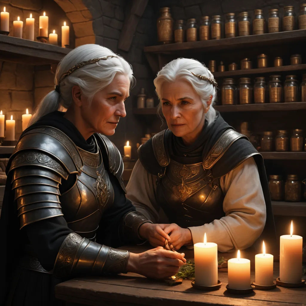 two women in armor are looking at a candle display with candles in front of them and a shelf full of jars behind them, sots art, concept art, Ada Gladys Killins, candles