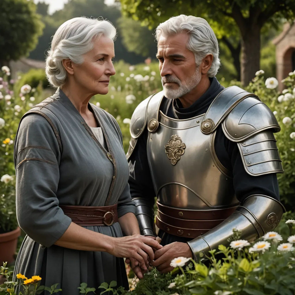 a man and a woman dressed in medieval costumes standing in a garden with flowers and trees in the background, antipodeans, a renaissance painting, Ada Gladys Killins, promotional image