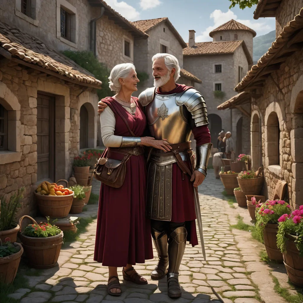 a man and woman dressed in medieval costumes standing in a courtyard of a house with a stone walkway and brick walls, fantasy art, a detailed matte painting, Clint Cearley, rossdraws global illumination