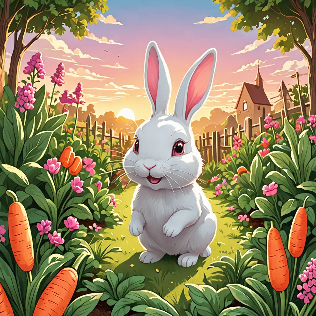 a rabbit sitting in a garden with carrots and flowers around it, with a sunset in the background, naive art, a storybook illustration, Chris LaBrooy, rossdraws global illumination