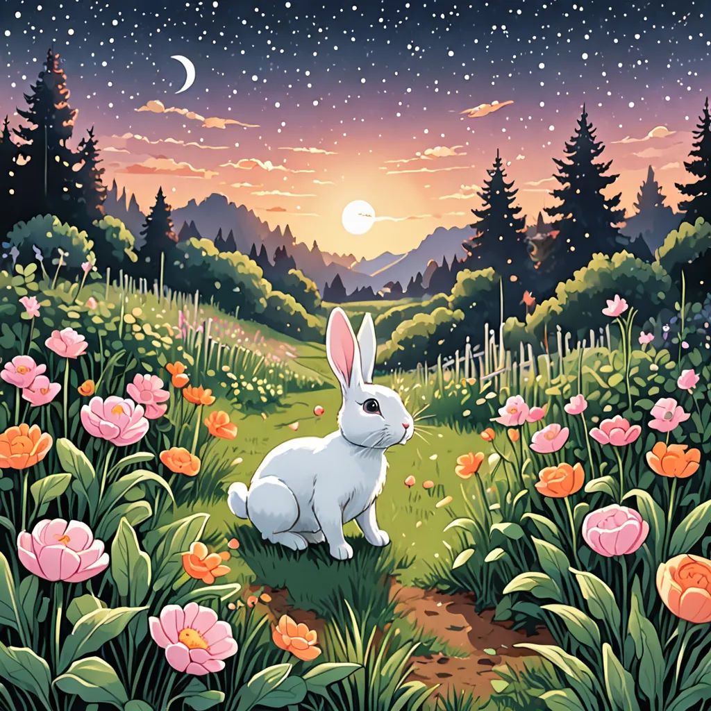 a rabbit sitting in a field of flowers at night with the moon in the sky above it and a forest of flowers, fantasy art, a storybook illustration, Dan Mumford, rossdraws global illumination