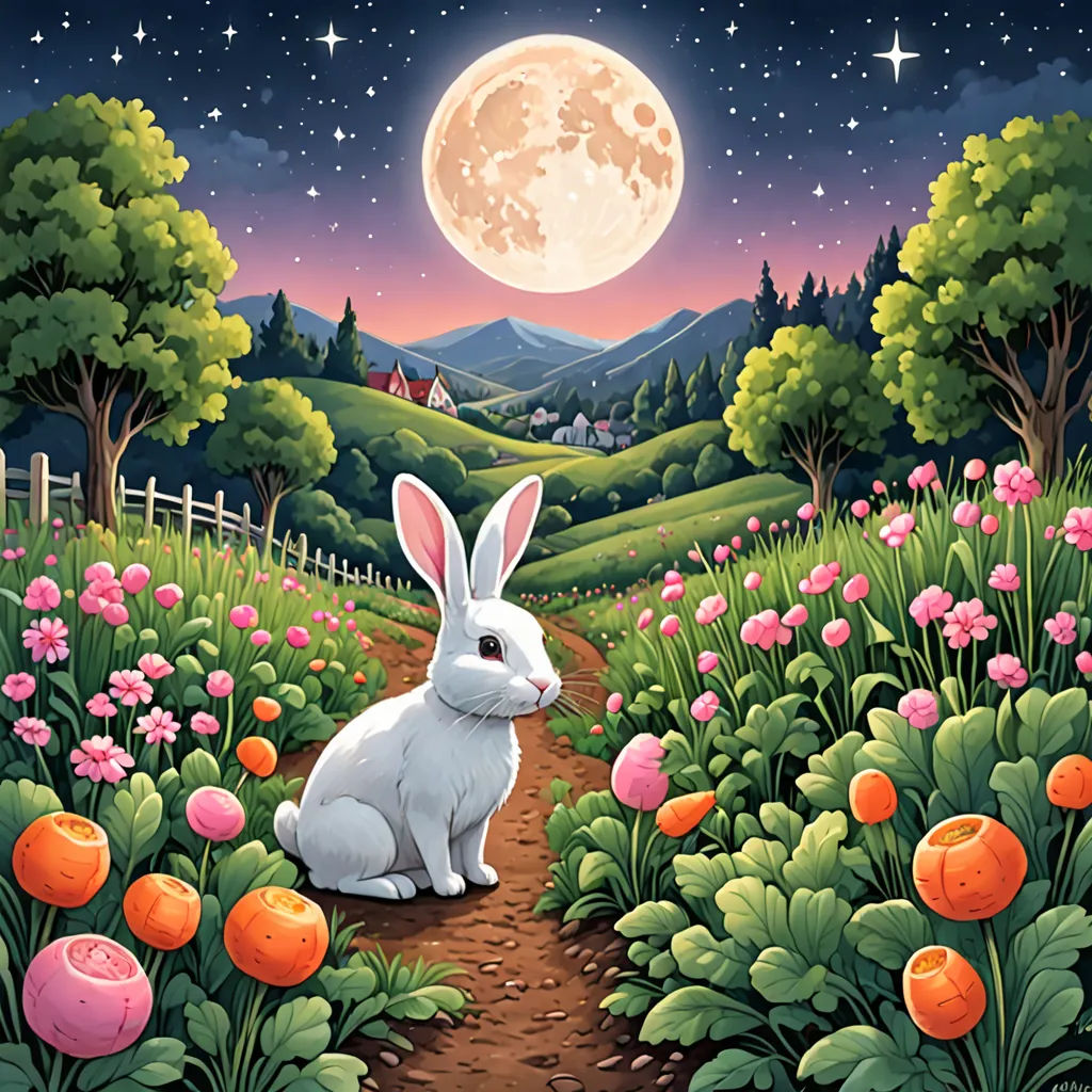 a rabbit sitting in a field of flowers under a full moon with a full moon in the background and a full moon in the sky, pop surrealism, a storybook illustration, Dan Mumford, rossdraws global illumination