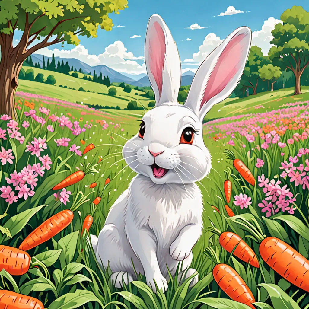 a rabbit sitting in a field of carrots with a tree in the background and flowers in the foreground, furry art, a storybook illustration, Chris LaBrooy, official art