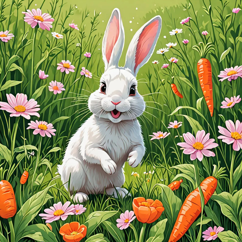 a painting of a rabbit sitting in a field of flowers and carrots with a green background and a sky background, furry art, a storybook illustration, Carol Sutton, rossdraws global illumination
