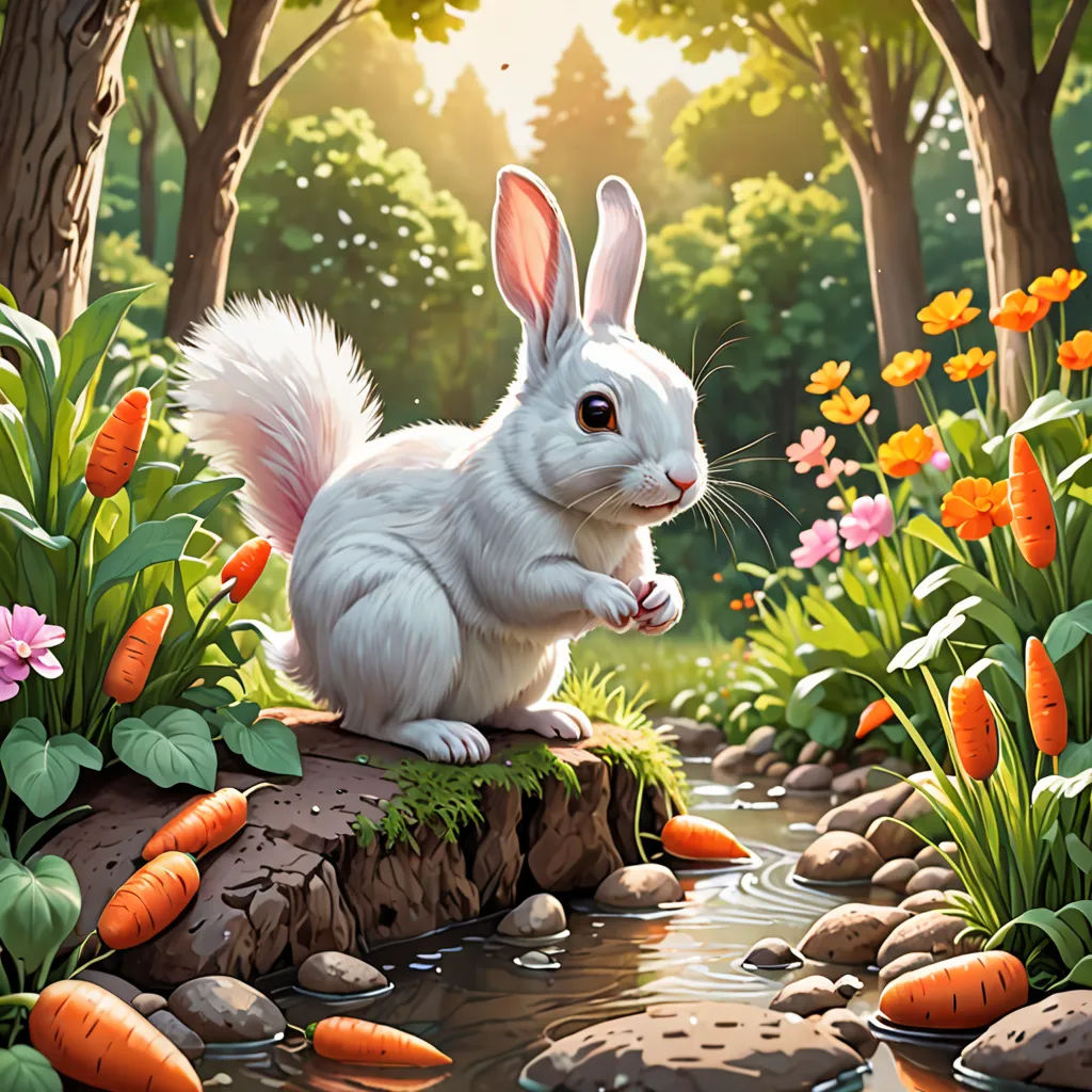 a white rabbit sitting on a rock in a garden of flowers and trees with a stream running through it, fantasy art, a storybook illustration, Chris LaBrooy, highly detailed digital painting