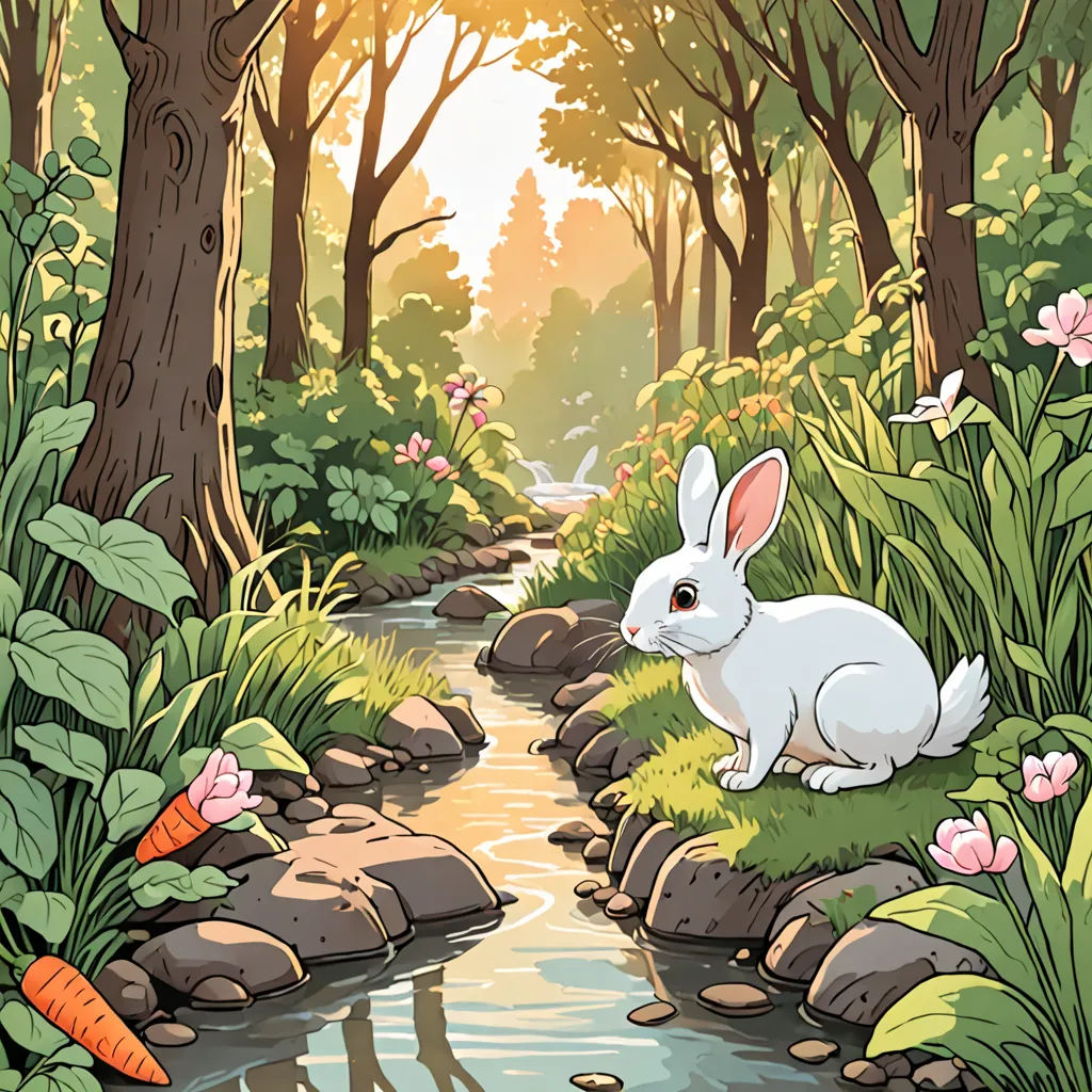a white rabbit sitting on a rock in a forest next to a stream of water and flowers and trees, environmental art, a storybook illustration, Beatrix Potter, storybook illustration