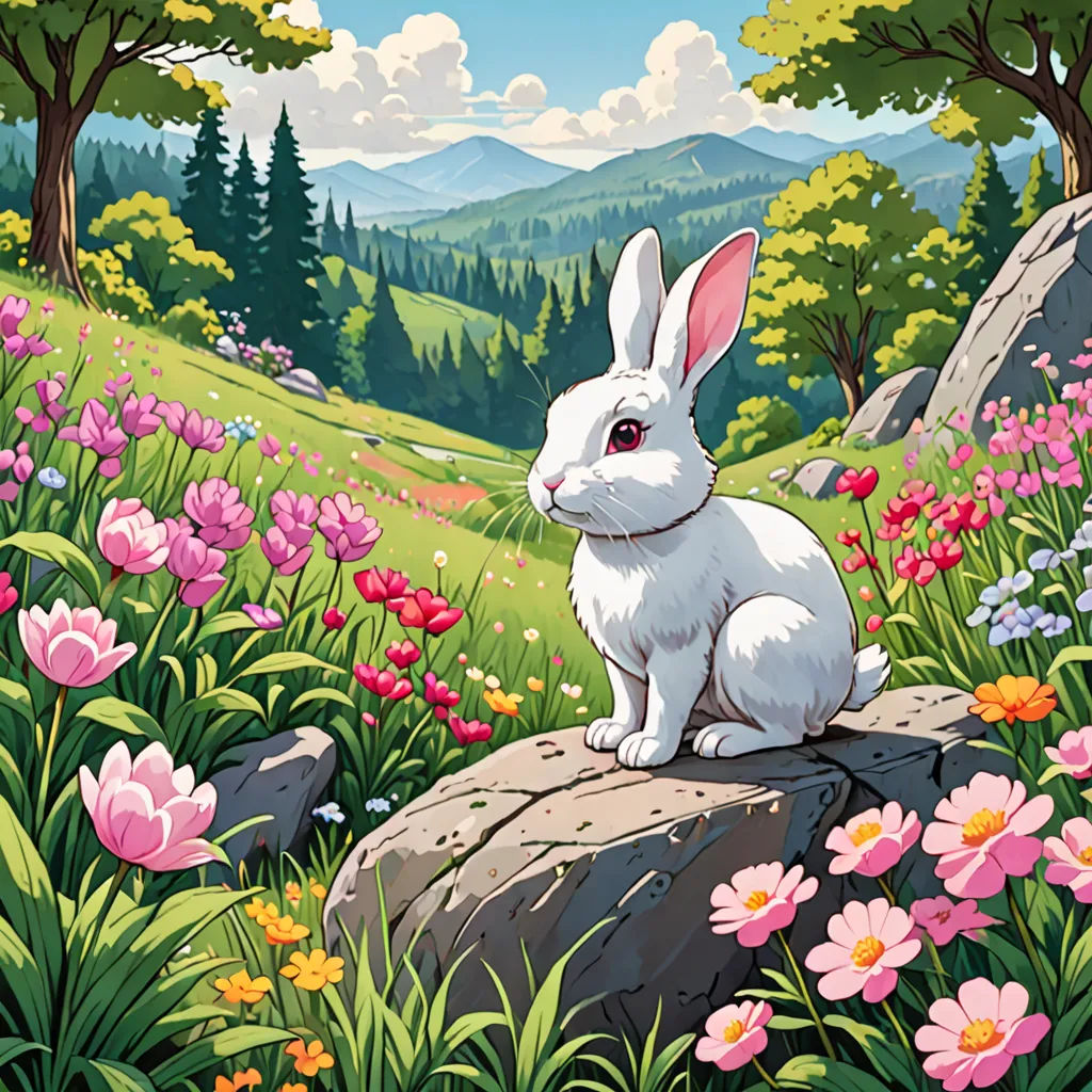 a white rabbit sitting on a rock in a field of flowers and trees with mountains in the background and a blue sky, fantasy art, a storybook illustration, Chris LaBrooy, rossdraws global illumination