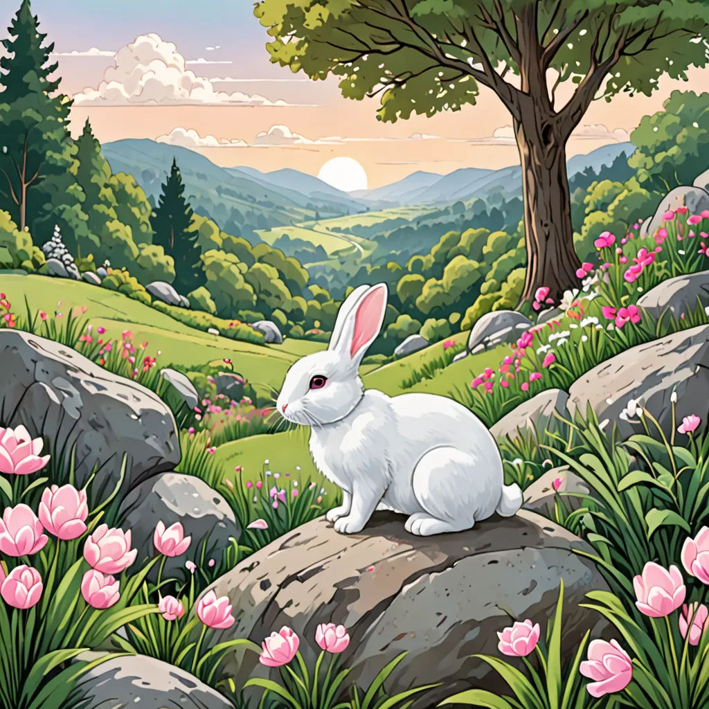 a white rabbit sitting on a rock in a field of flowers and trees with a sunset in the background, naive art, a storybook illustration, Beatrix Potter, rossdraws global illumination