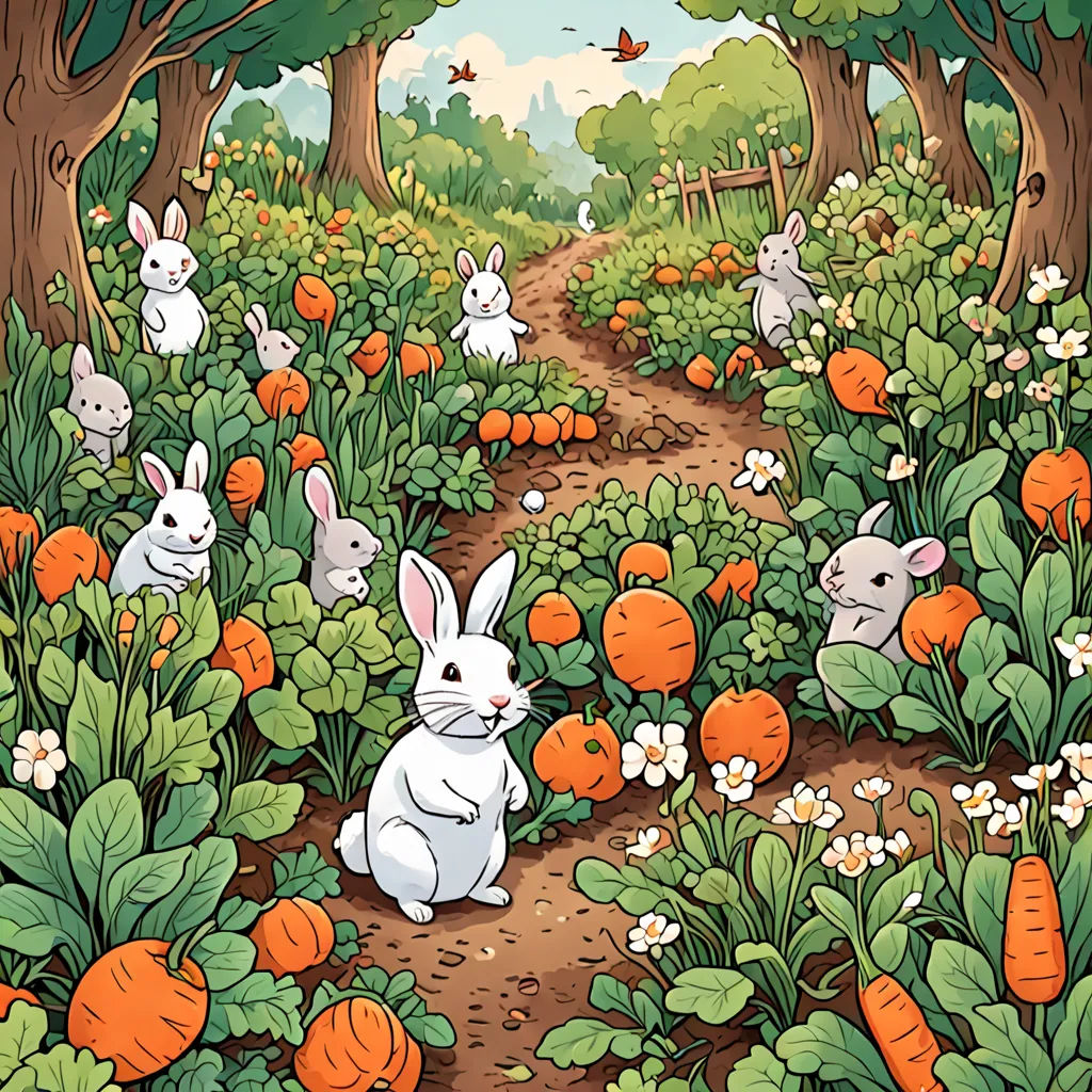 a painting of a rabbit and other animals in a carrot patch with trees and flowers in the background and a path leading to the carrots, fantasy art, a storybook illustration, Beatrix Potter, josan gonzales and dan mumford