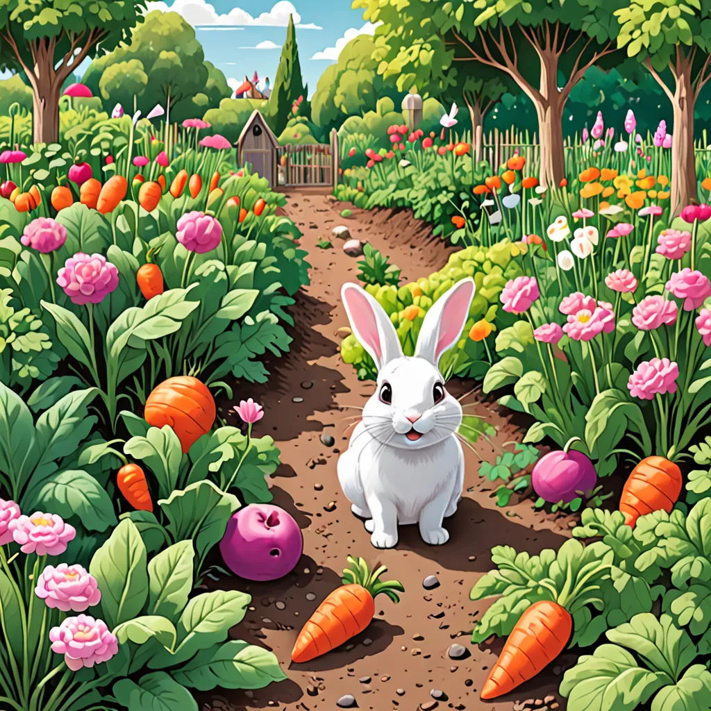 a rabbit sitting in a garden with carrots and flowers around it, with a house in the background, naive art, a storybook illustration, Chris LaBrooy, highly detailed digital art