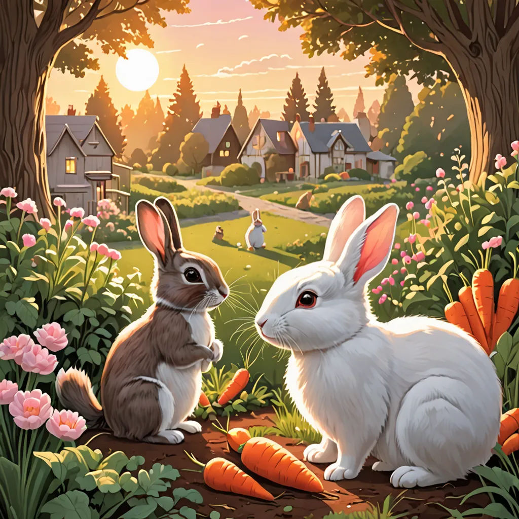 a painting of two rabbits in a garden with flowers and trees, and a house in the background with a sunset, magic realism, a storybook illustration, Chris LaBrooy, rossdraws global illumination