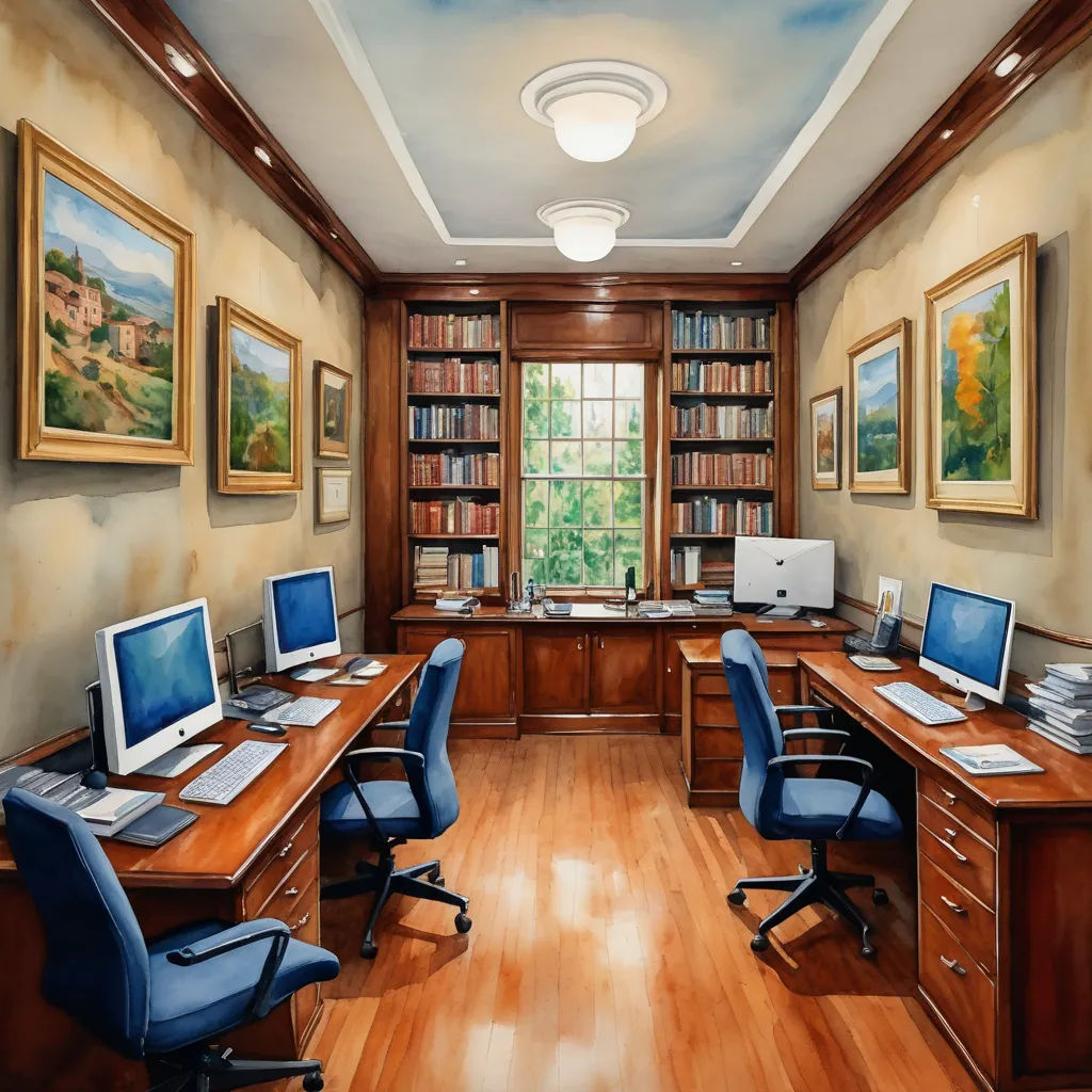 a room with a desk, laptops and a book shelf with books on it and a painting of a landscape, photorealism, a digital rendering, Evgeny Lushpin, professional digital painting