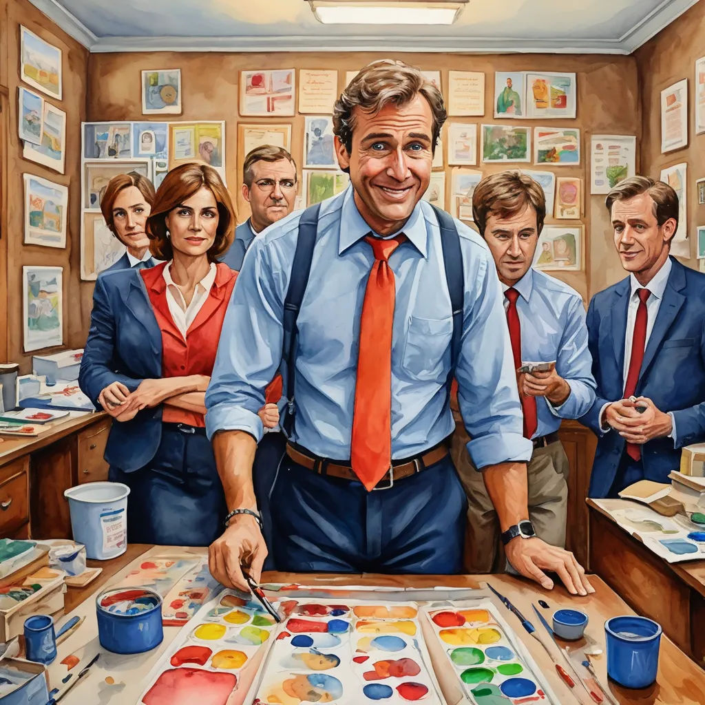 a painting of a man in a tie and some people in a room with paintings on the walls and a table with paintbrushes, american scene painting, a detailed painting, F. Scott Hess, official art