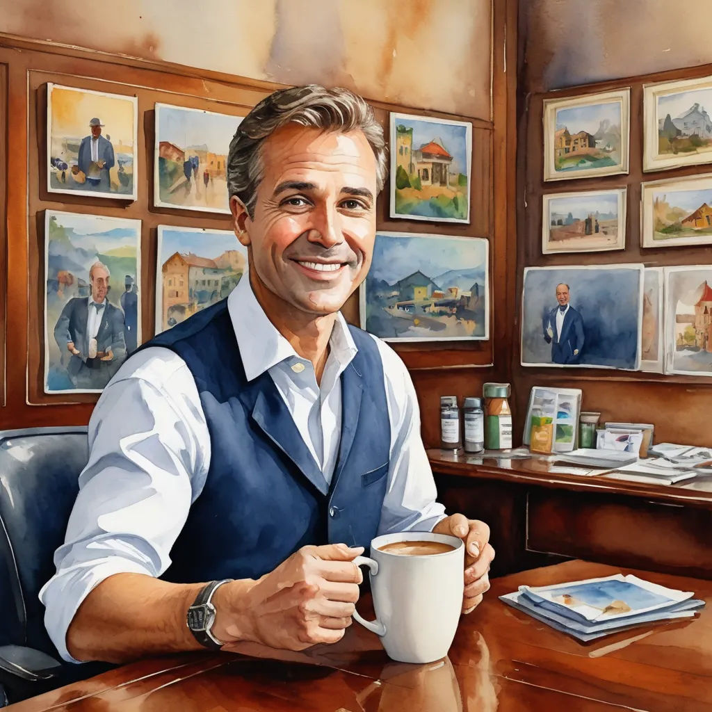 a painting of a man sitting at a desk with a cup of coffee in his hand and a book in his other hand, american scene painting, an ultrafine detailed painting, F. Scott Hess, professional digital painting