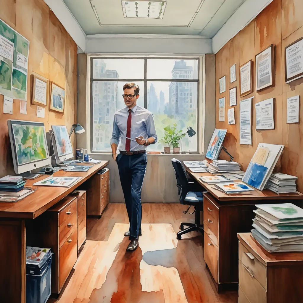 a man in a suit and tie standing in a room with a desk and a window with a view of the city, academic art, an ultrafine detailed painting, Chris LaBrooy, in gouache detailed paintings