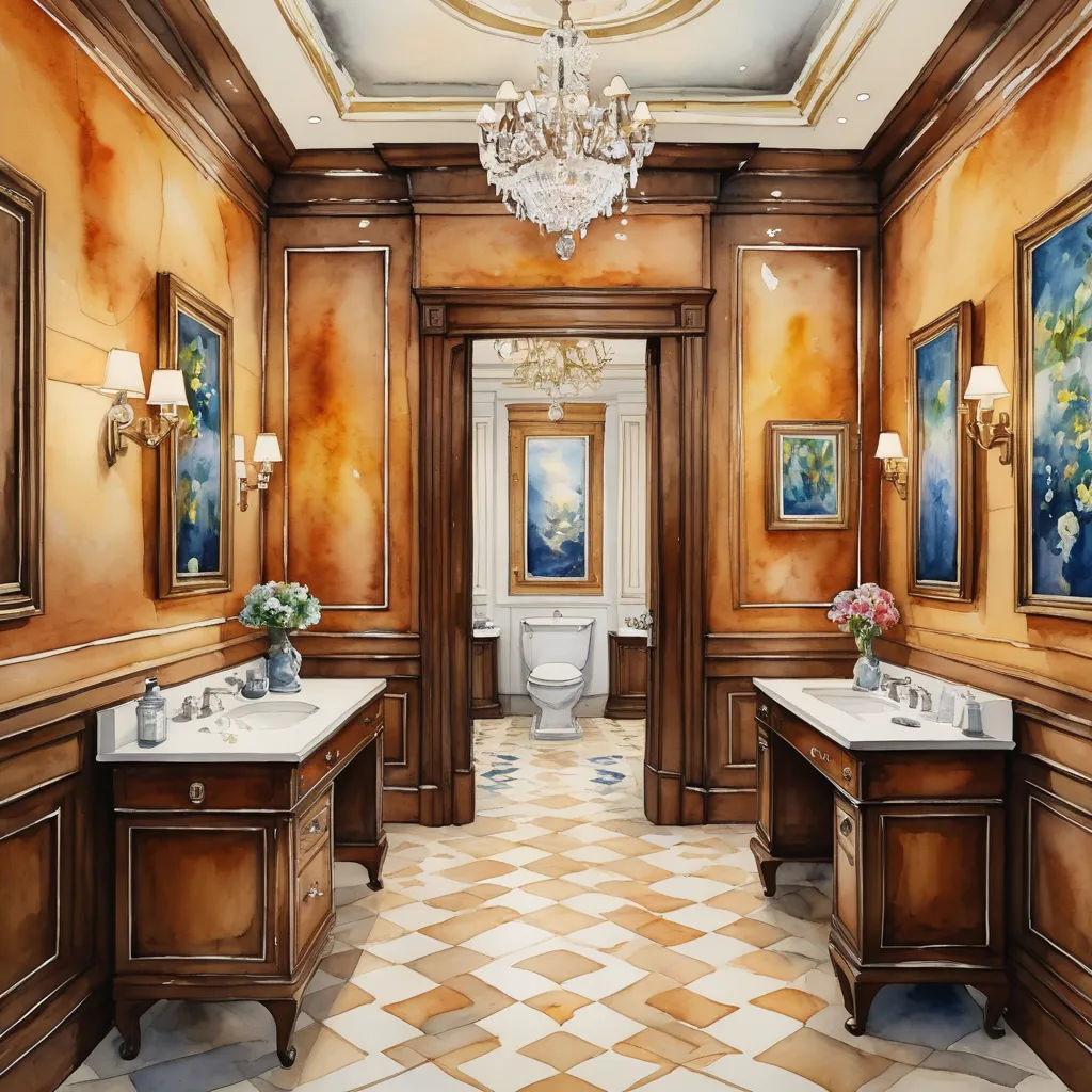 a bathroom with two sinks and a toilet in it with a chandelier hanging from the ceiling and paintings on the walls, modern european ink painting, a digital rendering, Enguerrand Quarton, photo realism