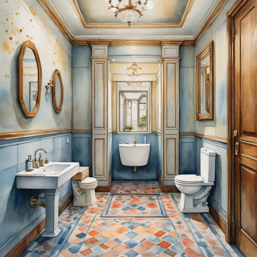 a bathroom with a toilet, sink, and mirror in it's corner and a chandelier, photorealism, a watercolor painting, Diego Gisbert Llorens, detailed painting