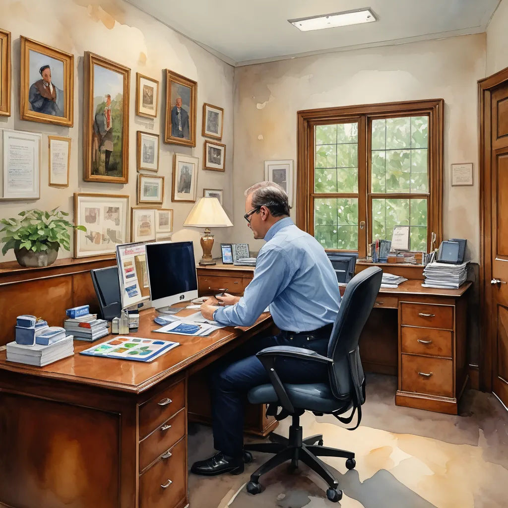a man sitting at a desk in front of a computer monitor and a laptop computer on a desk with a lamp, american scene painting, an ultrafine detailed painting, David Brewster, professional digital painting
