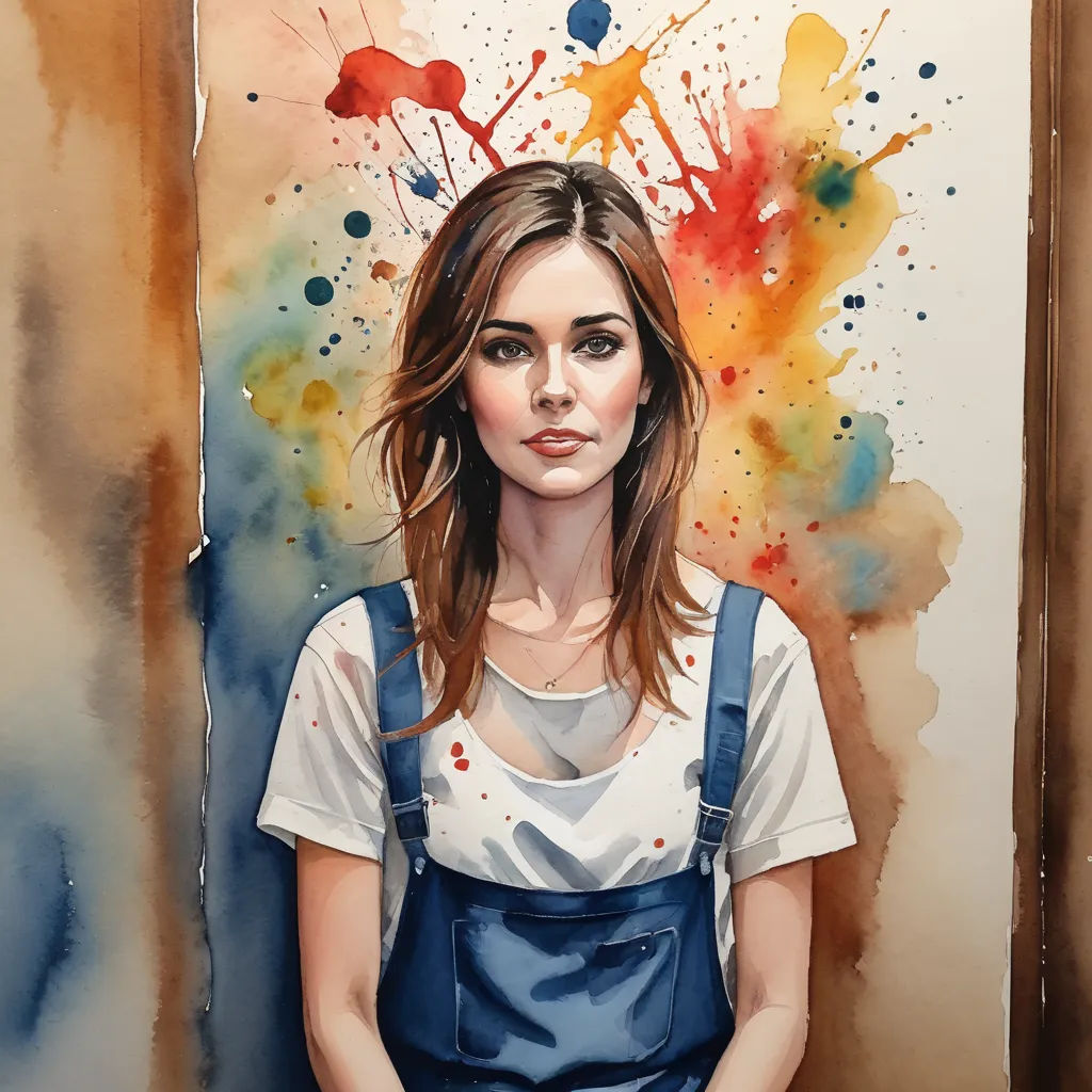 a painting of a woman with a blue apron and a white shirt and a blue apron and a red and yellow splattered background, figurative art, a watercolor painting, Artgerm, stanley artgerm lau