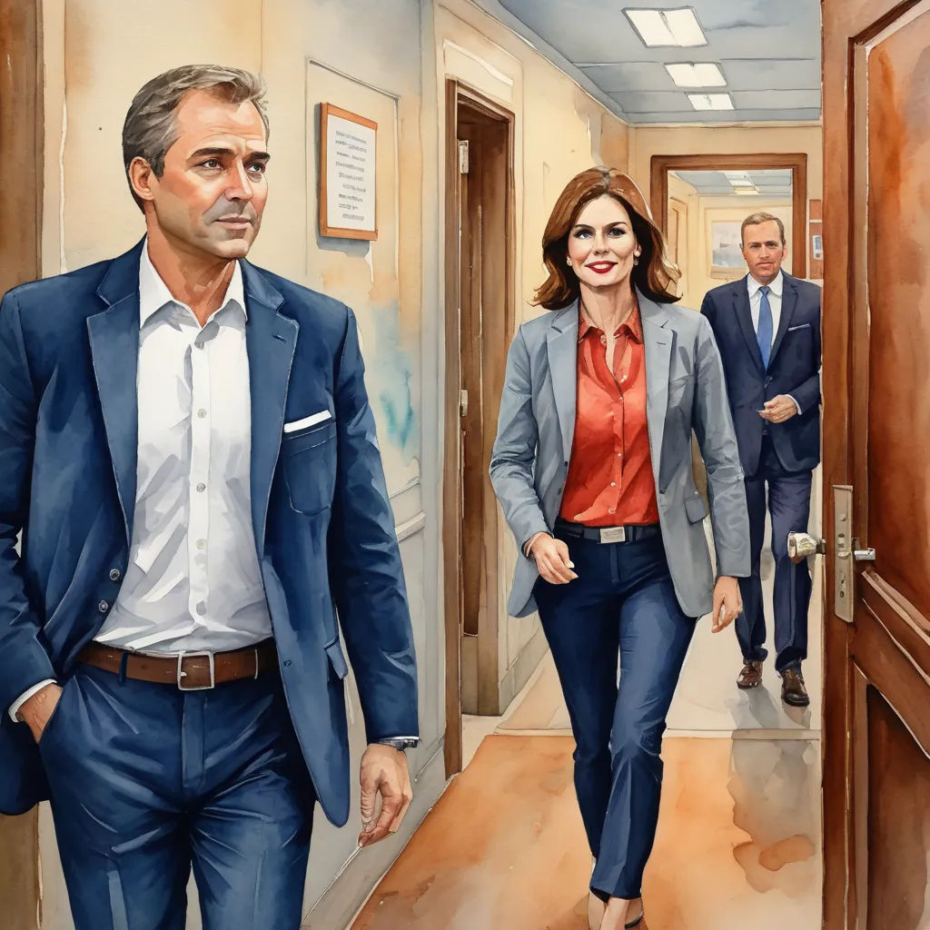 a painting of a man and woman walking down a hallway together, with a man in a suit and tie, serial art, a painting, F Scott Hess, official art