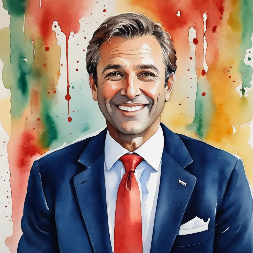a painting of a man in a suit and tie smiling at the camera with blood dripping all over the walls behind him, american scene painting, a watercolor painting, Douglas Robertson Bisset, watercolor
