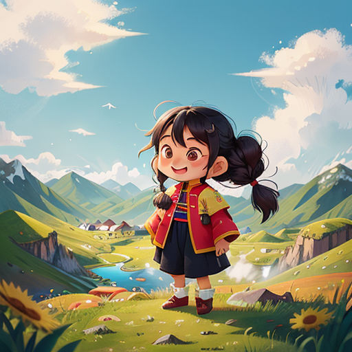 a girl standing in a field with a mountain in the background and a lake in the foreground, with a bird flying overhead