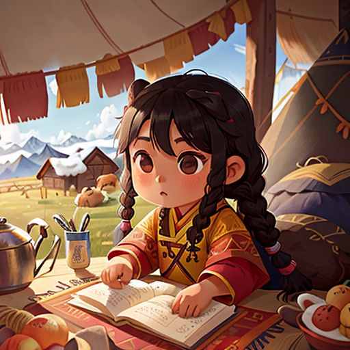 a girl sitting at a table with a book and a teapot in front of her, reading a book
