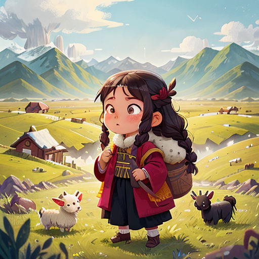 a girl with a backpack is standing in a field with animals and a mountain in the background with clouds