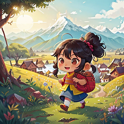 a girl with a backpack walking through a field of flowers and trees, with a mountain in the background