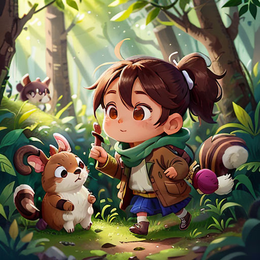 a girl holding a stick in a forest with animals around her and a squirrel on the ground next to her