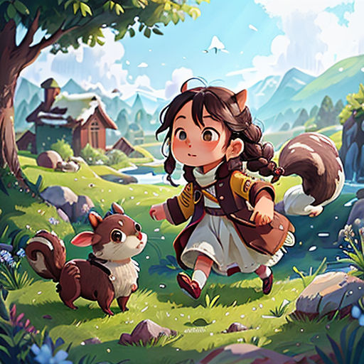 a girl and a squirrel in a forest with a forest background and a mountain scene in the background, with a forest scene and a forest