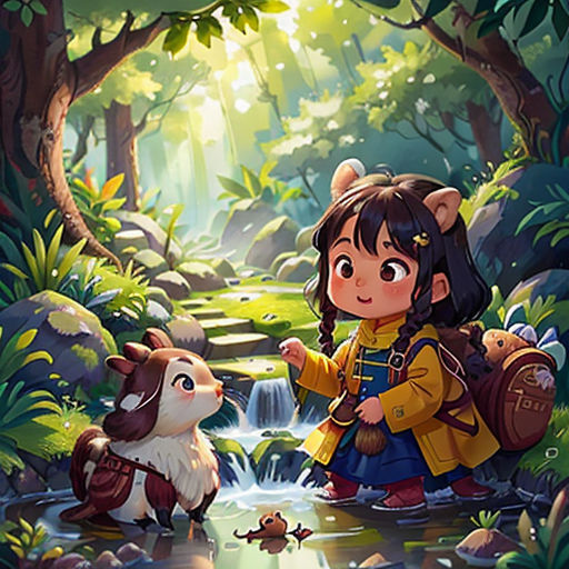 a girl and a dog are standing in the woods near a stream and a forest stream is in the background