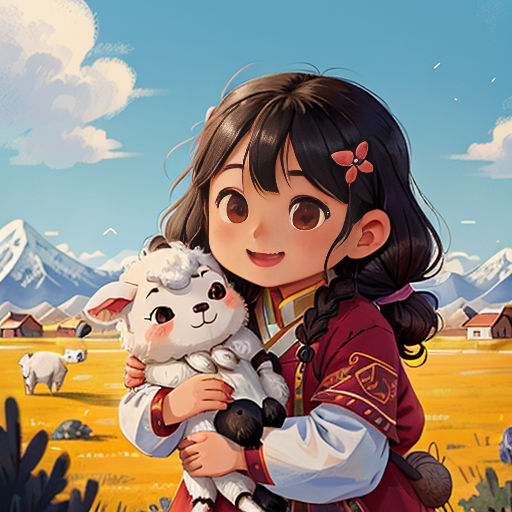 a girl holding a sheep in a field with mountains in the background and a sky with clouds in the background