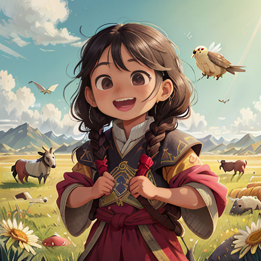 a girl in a field with animals and birds flying around her, and a bird flying over her shoulder