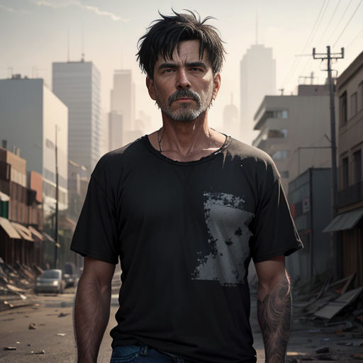a man with a beard and a black shirt standing in a street with buildings in the background and a sky line