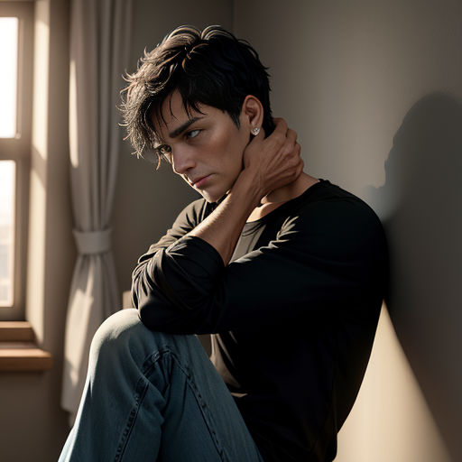 a man sitting on a window sill with his hand on his neck and his hand on his ear