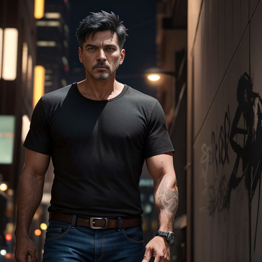 a man in a black shirt and jeans walking down a street at night with a clock on the wall