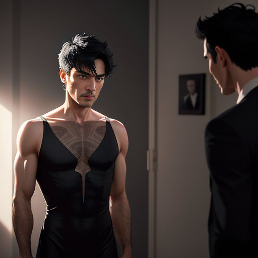a man in a black suit looking at another man in a suit in a room with a door and a window