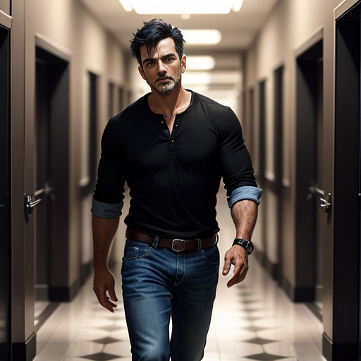 a man walking down a hallway in a black shirt and jeans with a belt on his belt and a black shirt on his shirt
