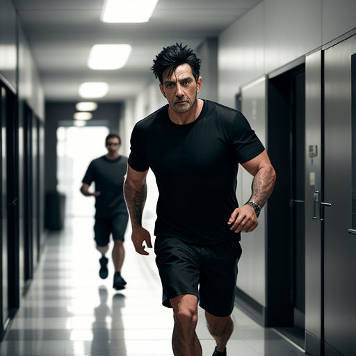 a man in a black shirt and shorts running down a hallway with a man in a black shirt and shorts