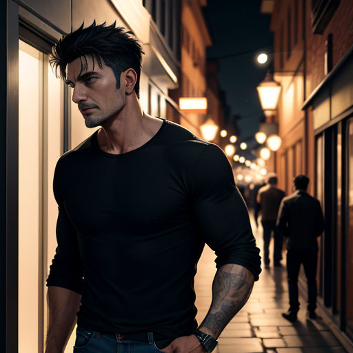 a man standing on a sidewalk next to a building with a clock on it's face and a man with a mohawk