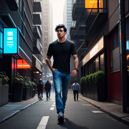a man walking down a street in a city with tall buildings in the background and a few people walking down the street