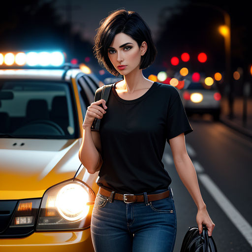 a woman walking down a street next to a taxi cab and a taxi cab with a light on it