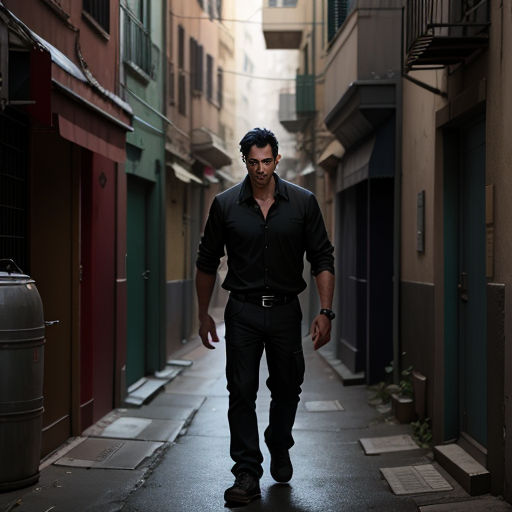 a man walking down a narrow alley way in a city with buildings on either side of him and a trash can in the foreground