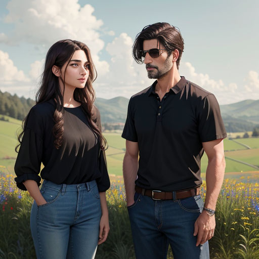 a man and a woman standing in a field of flowers with a sky background and clouds in the sky